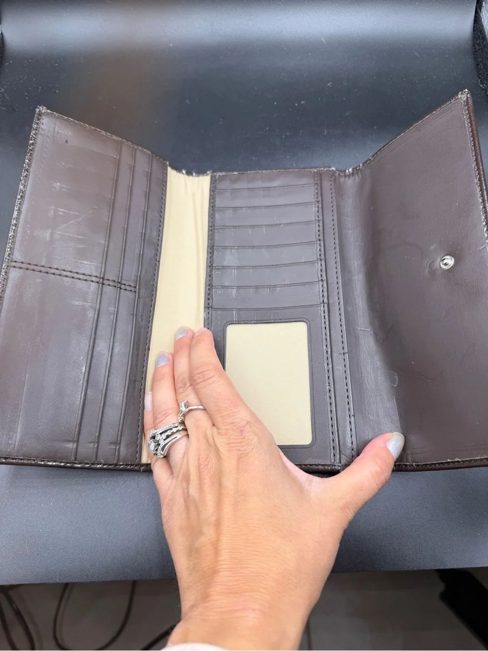 Coach Dark Brown Leather Continental Wallet with Contrast Stitching